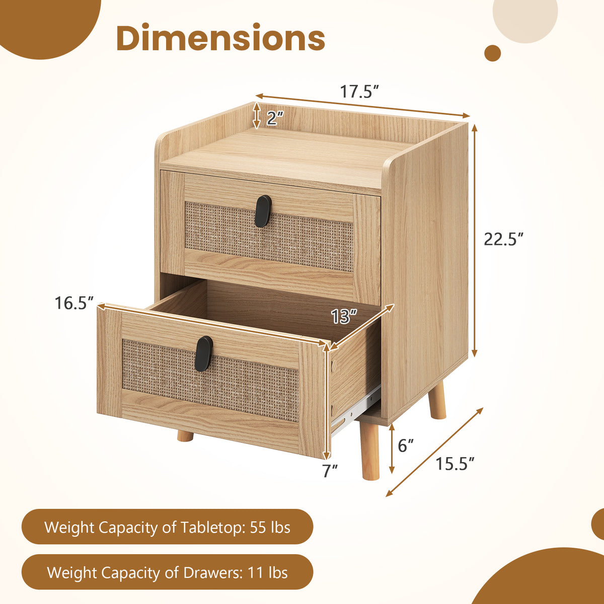 Modern End Table Bedside Table with 2 Rattan Decorated Drawers-Natural-Nightstands-DECOROLALA