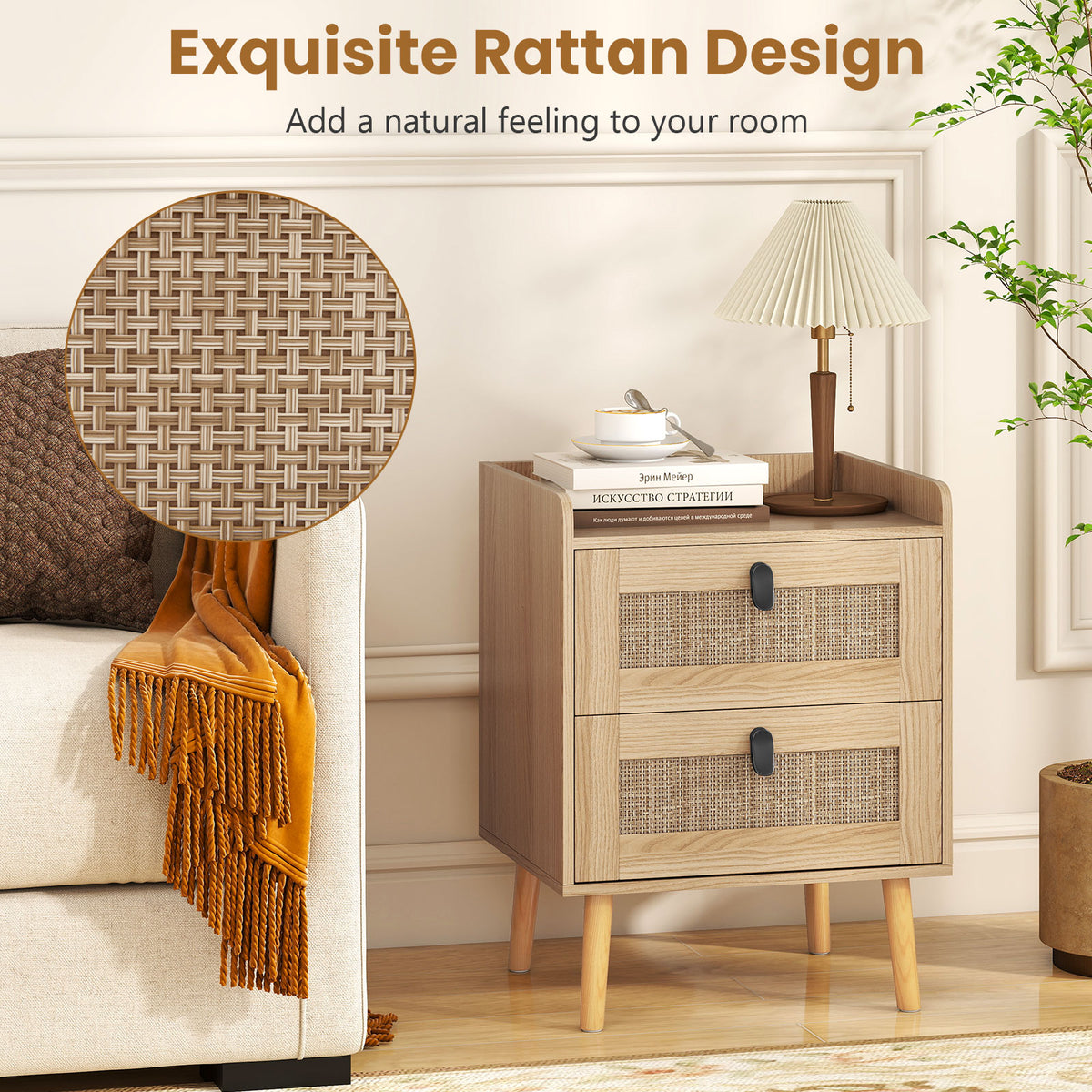 Modern End Table Bedside Table with 2 Rattan Decorated Drawers-Natural-Nightstands-DECOROLALA