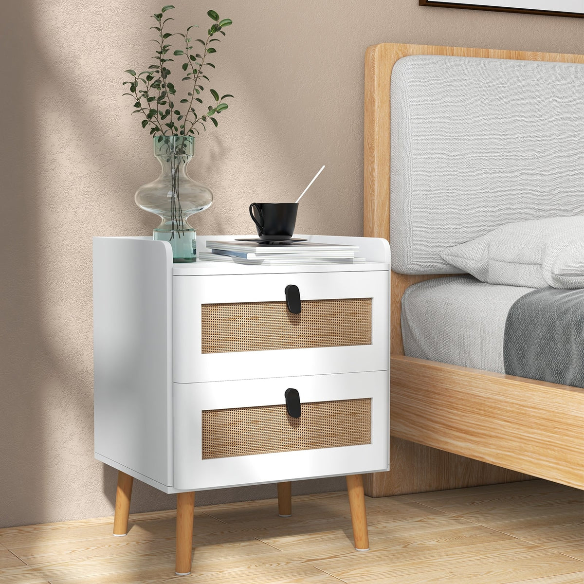 Modern End Table Bedside Table with 2 Rattan Decorated Drawers-White-Nightstands-DECOROLALA