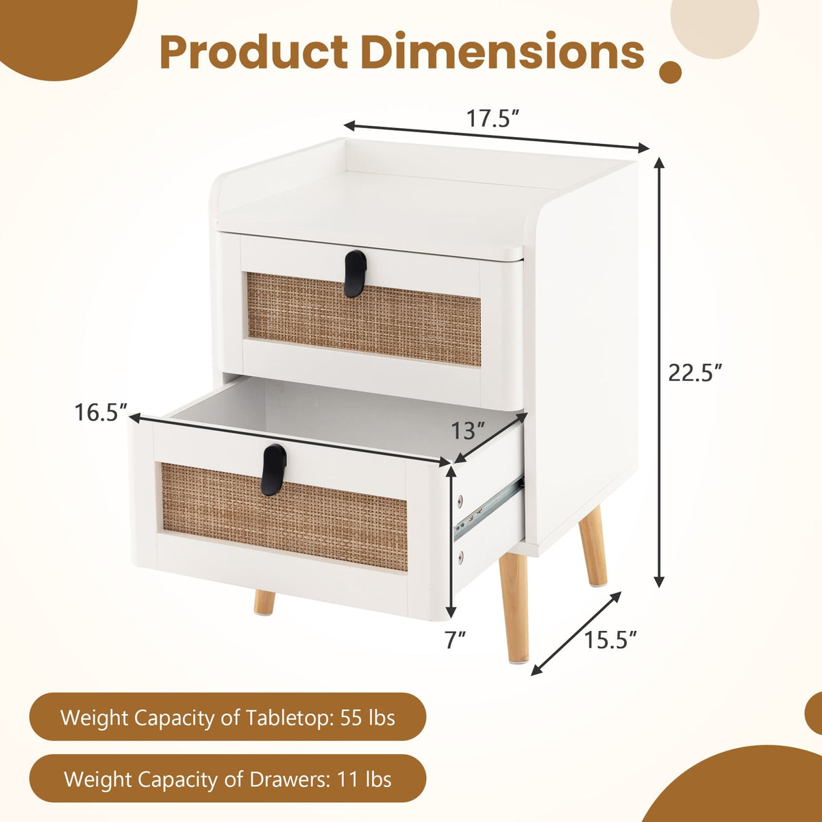 Modern End Table Bedside Table with 2 Rattan Decorated Drawers-White-Nightstands-DECOROLALA