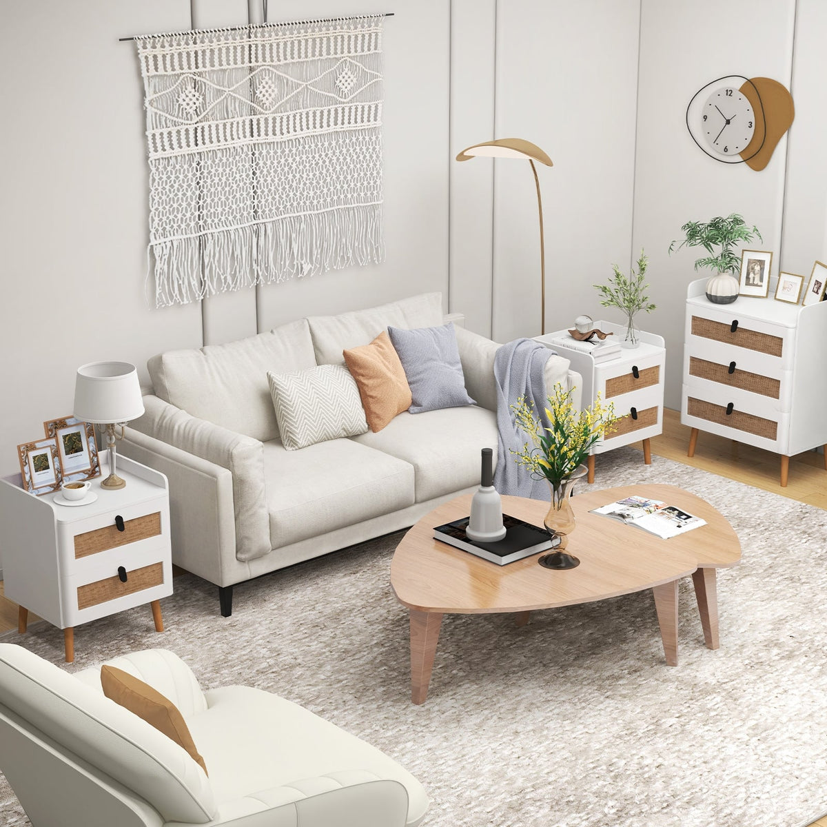 Modern End Table Bedside Table with 2 Rattan Decorated Drawers-White-Nightstands-DECOROLALA
