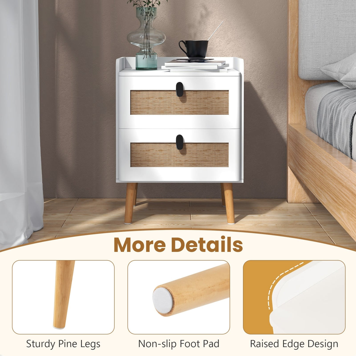 Modern End Table Bedside Table with 2 Rattan Decorated Drawers-White-Nightstands-DECOROLALA