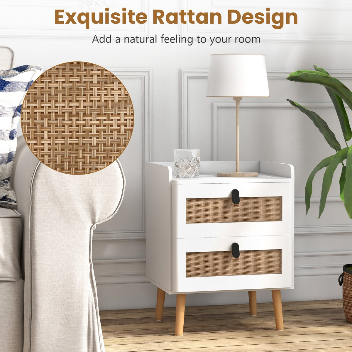 Modern End Table Bedside Table with 2 Rattan Decorated Drawers-White-Nightstands-DECOROLALA