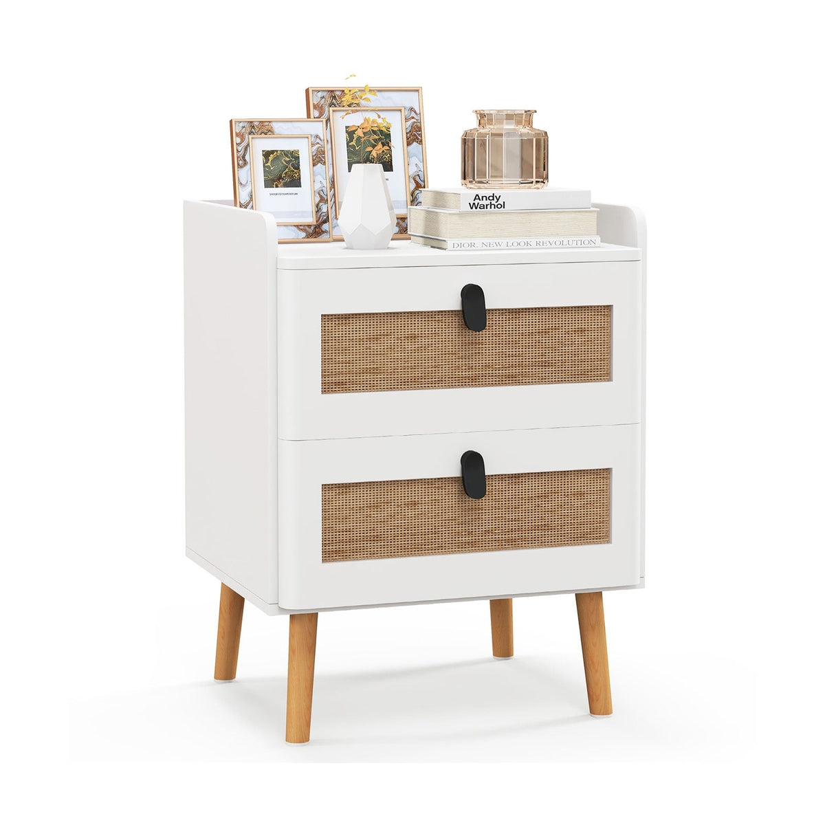 Modern End Table Bedside Table with 2 Rattan Decorated Drawers-White-Nightstands-DECOROLALA