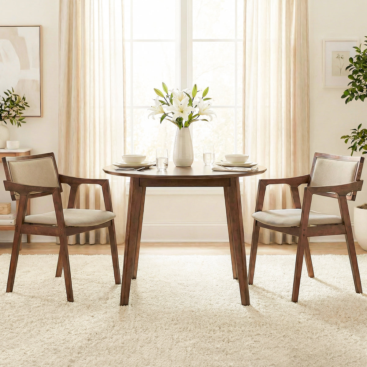 Modern Fabric Upholstered Rubber Wood Dining Chairs Set of 2 with Arms-Beige-Dining Chairs-DECOROLALA