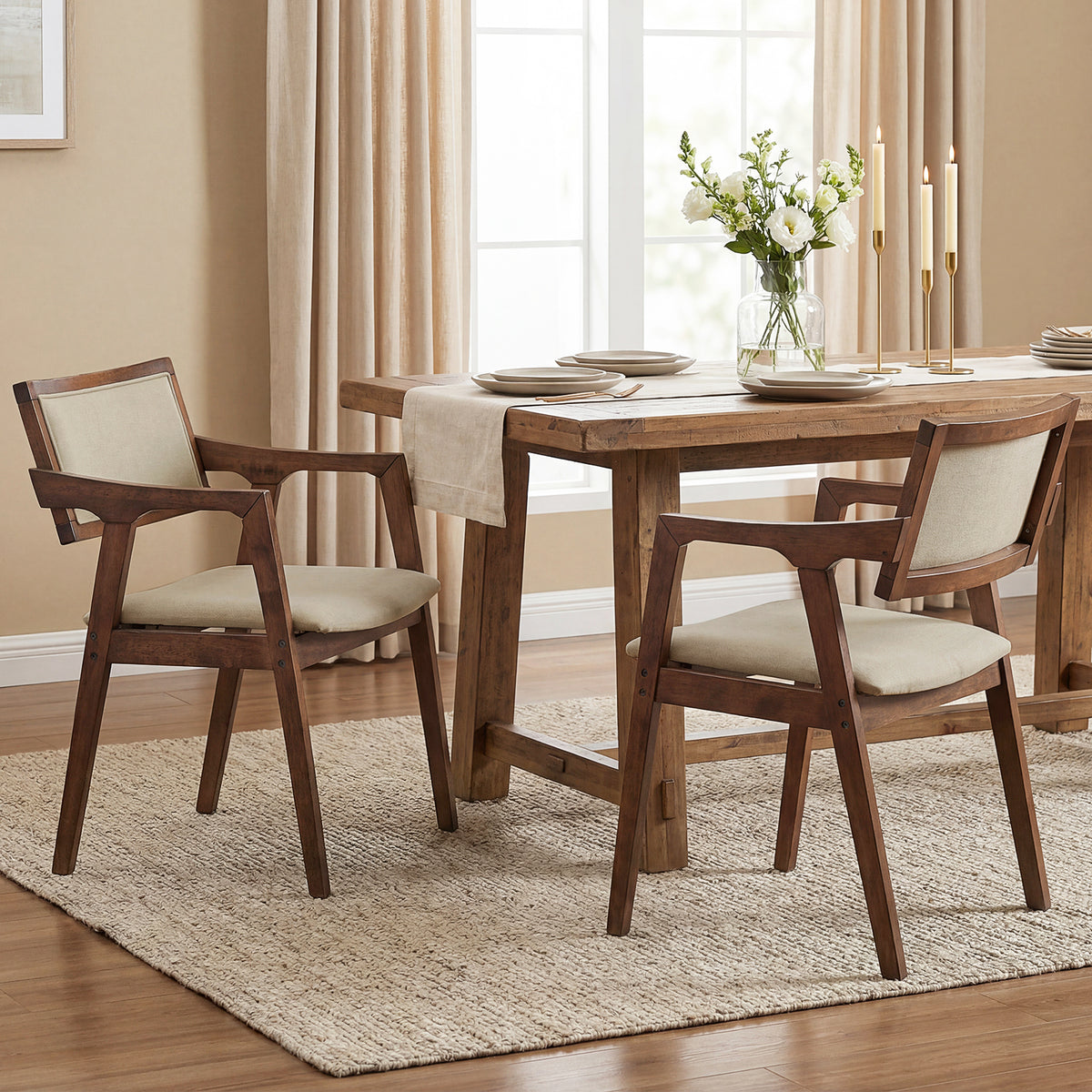 Modern Fabric Upholstered Rubber Wood Dining Chairs Set of 2 with Arms-Beige-Dining Chairs-DECOROLALA