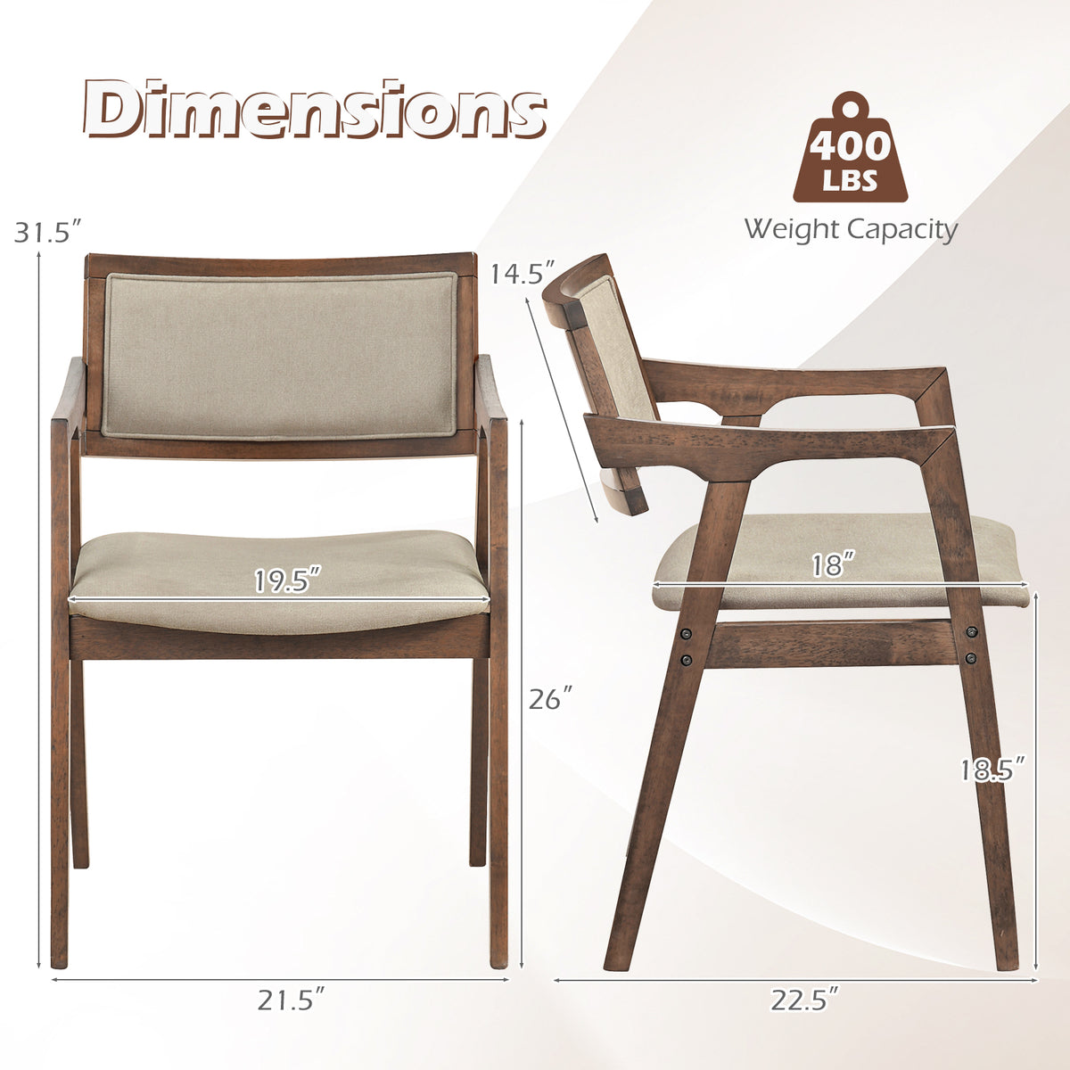 Modern Fabric Upholstered Rubber Wood Dining Chairs Set of 2 with Arms-Beige-Dining Chairs-DECOROLALA