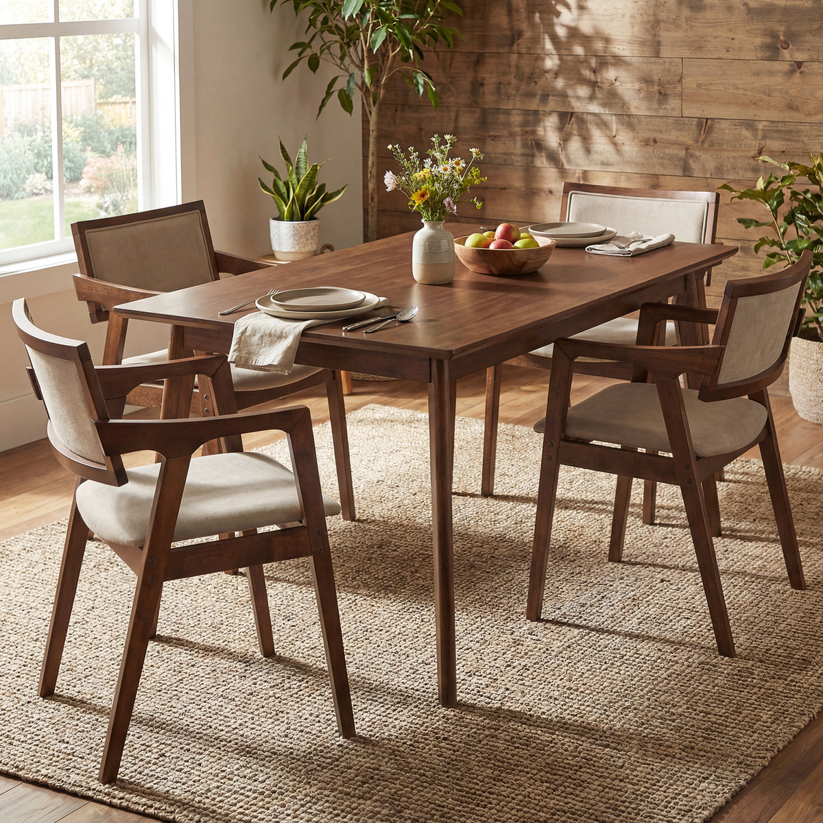 Modern Fabric Upholstered Rubber Wood Dining Chairs Set of 2 with Arms-Beige-Dining Chairs-DECOROLALA