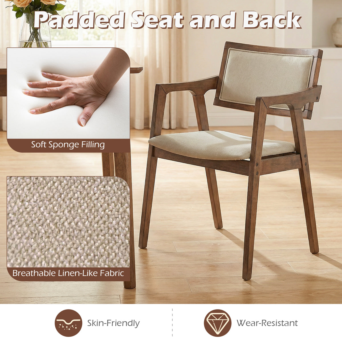 Modern Fabric Upholstered Rubber Wood Dining Chairs Set of 2 with Arms-Beige-Dining Chairs-DECOROLALA