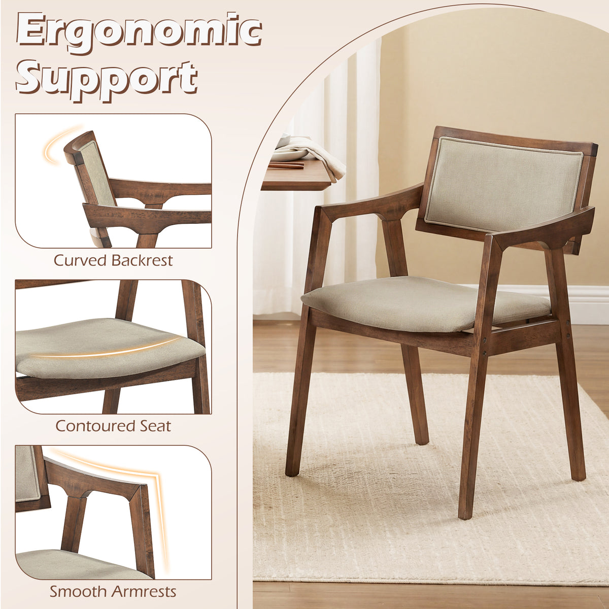 Modern Fabric Upholstered Rubber Wood Dining Chairs Set of 2 with Arms-Beige-Dining Chairs-DECOROLALA