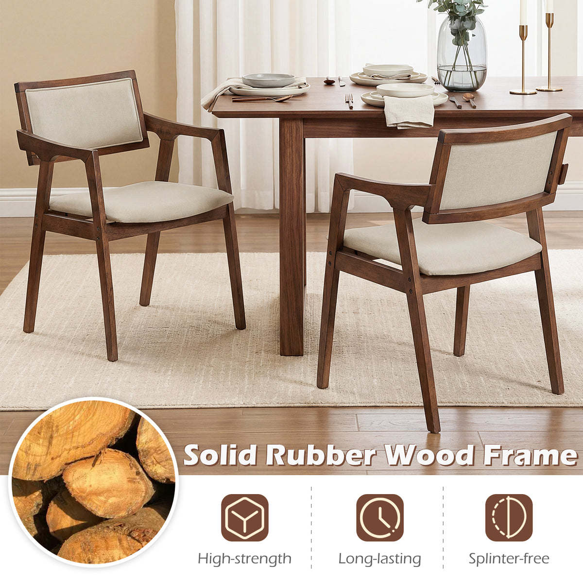 Modern Fabric Upholstered Rubber Wood Dining Chairs Set of 2 with Arms-Beige-Dining Chairs-DECOROLALA
