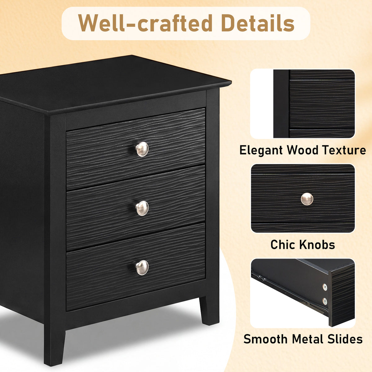 Modern Farmhouse 3-Drawer Night Stand with Wood Grain Accents for Bedroom-Black-Nightstands-DECOROLALA