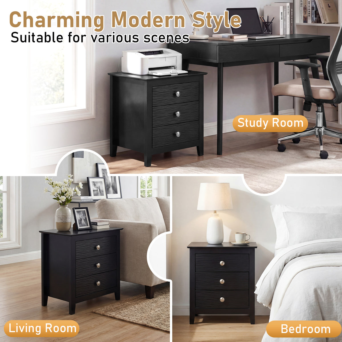 Modern Farmhouse 3-Drawer Night Stand with Wood Grain Accents for Bedroom-Black-Nightstands-DECOROLALA