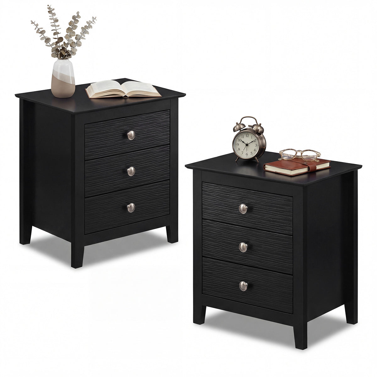 Modern Farmhouse 3-Drawer Night Stand with Wood Grain Accents for Bedroom-Black-Nightstands-DECOROLALA