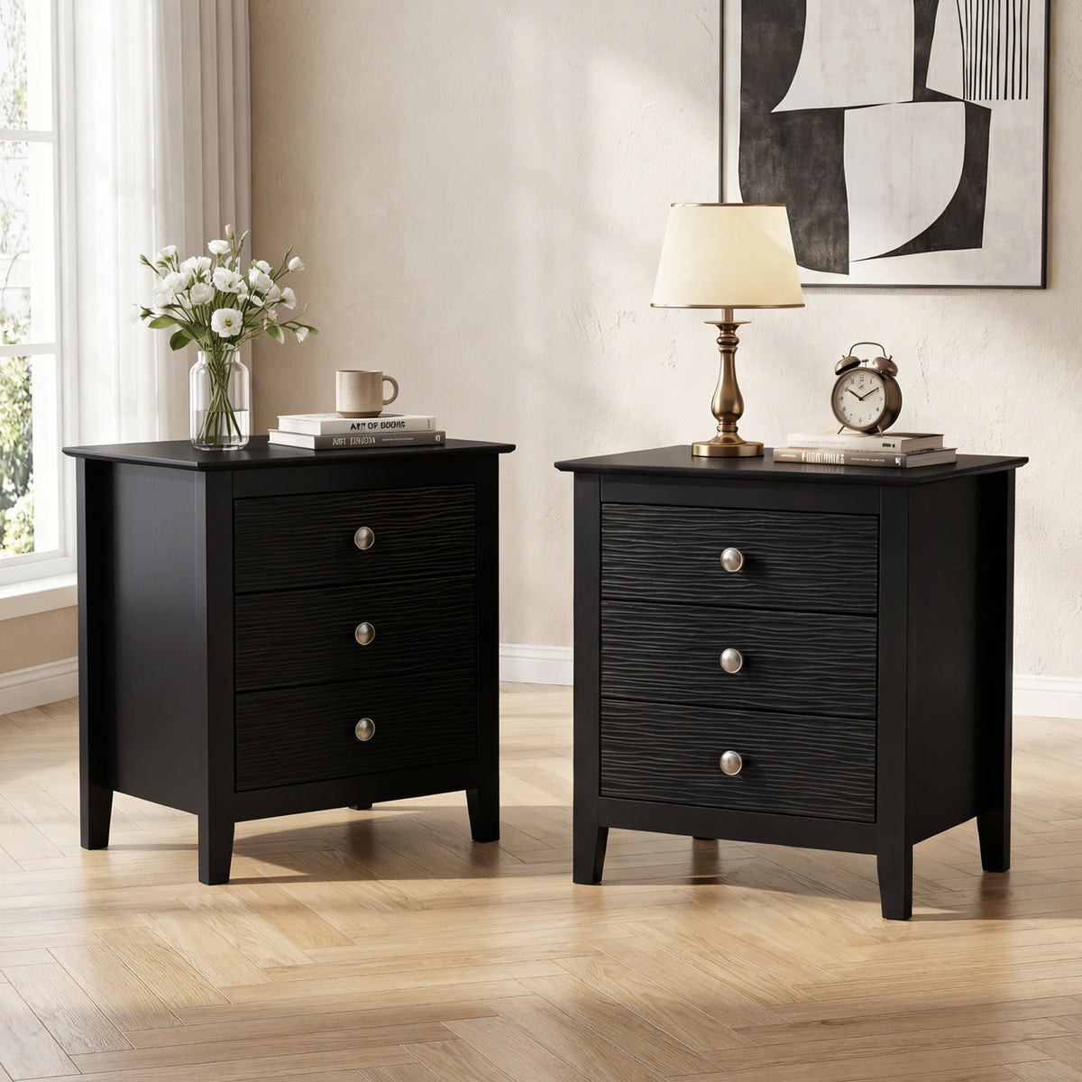 Modern Farmhouse 3-Drawer Night Stand with Wood Grain Accents for Bedroom-Black-Nightstands-DECOROLALA