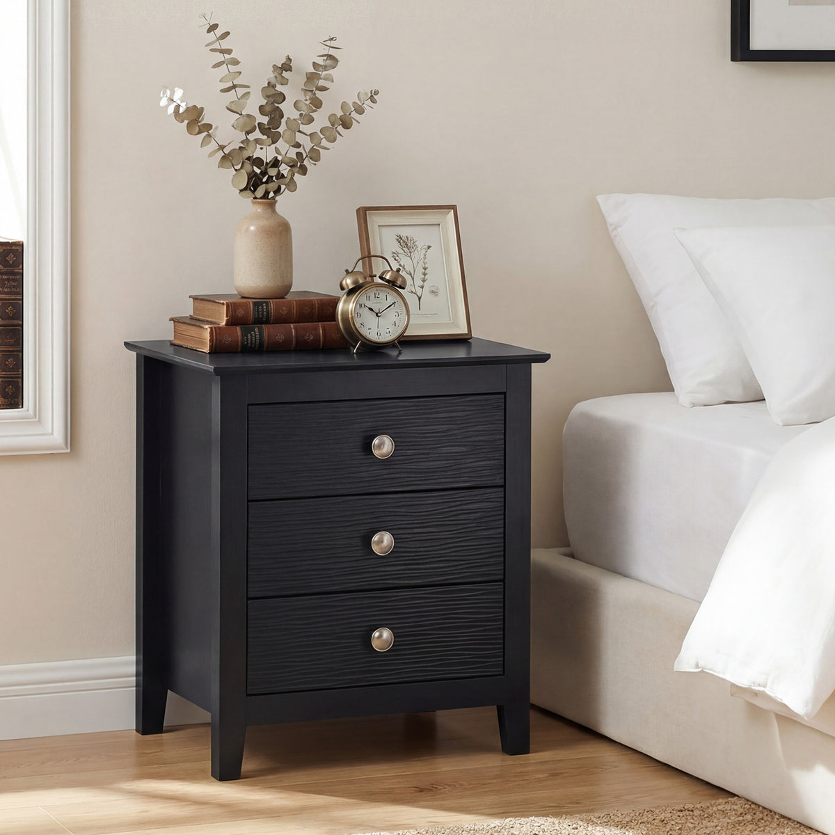 Modern Farmhouse 3-Drawer NightStand with Wood Grain Accents and Sleek Knobs-Black-Nightstands-DECOROLALA