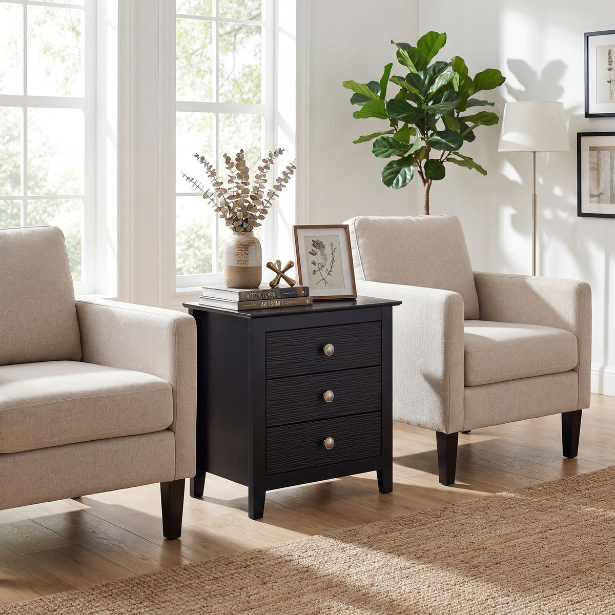 Modern Farmhouse 3-Drawer NightStand with Wood Grain Accents and Sleek Knobs-Black-Nightstands-DECOROLALA