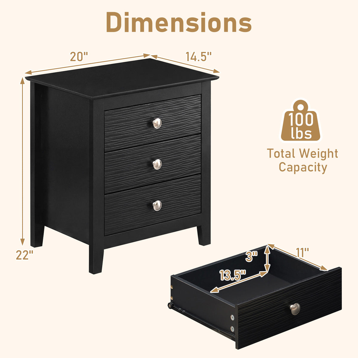 Modern Farmhouse 3-Drawer NightStand with Wood Grain Accents and Sleek Knobs-Black-Nightstands-DECOROLALA