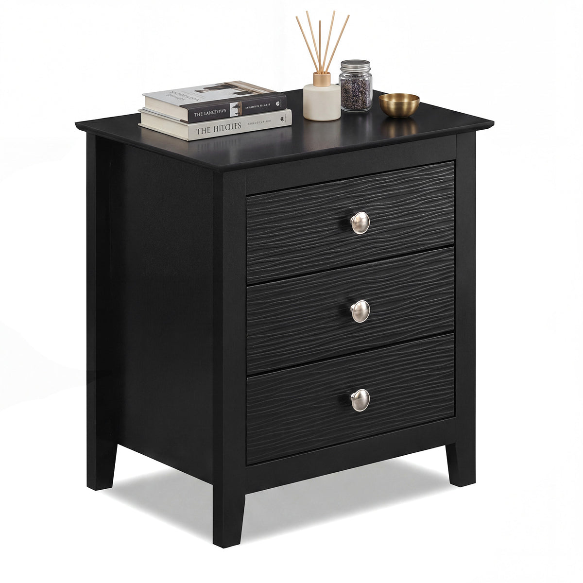 Modern Farmhouse 3-Drawer NightStand with Wood Grain Accents and Sleek Knobs-Black-Nightstands-DECOROLALA