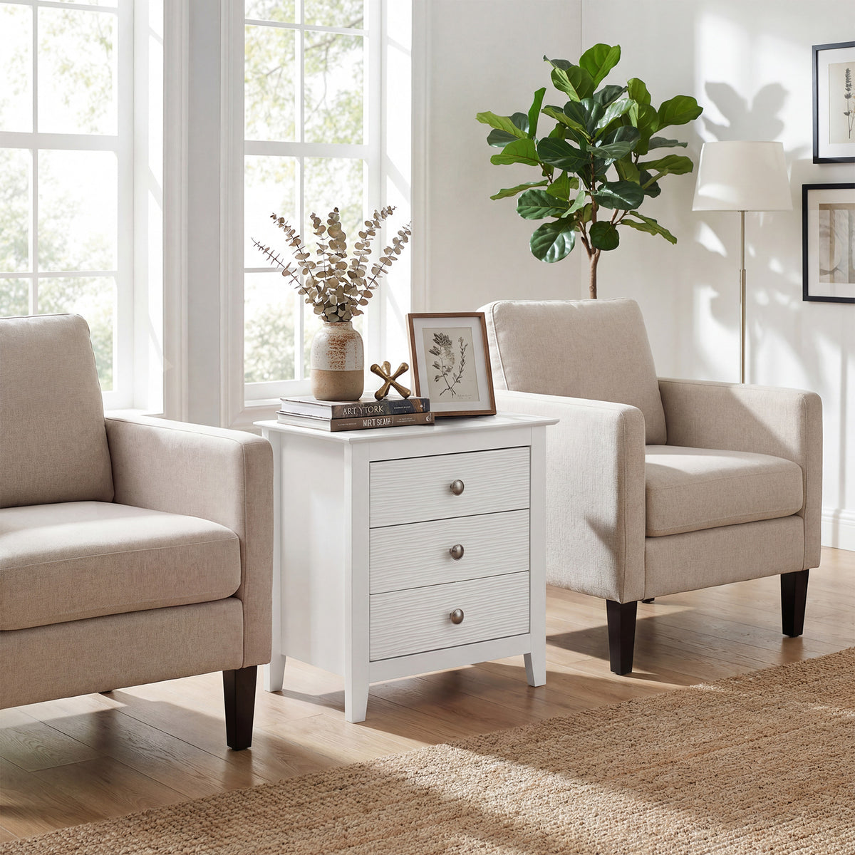 Modern Farmhouse 3-Drawer NightStand with Wood Grain Accents and Sleek Knobs-White-Nightstands-DECOROLALA