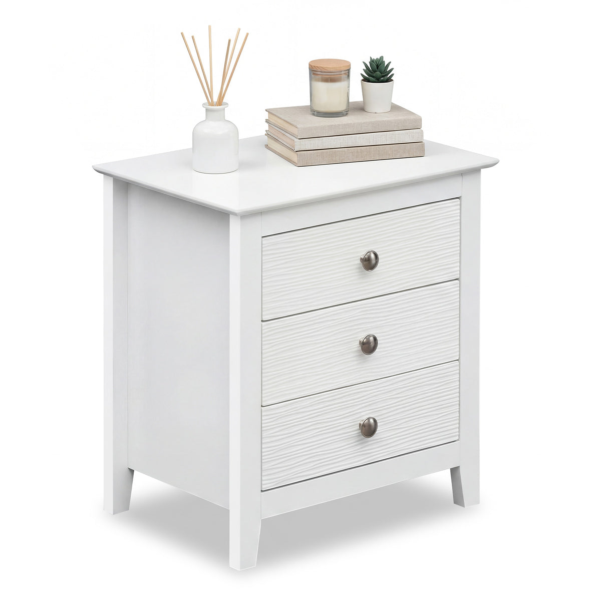 Modern Farmhouse 3-Drawer NightStand with Wood Grain Accents and Sleek Knobs-White-Nightstands-DECOROLALA
