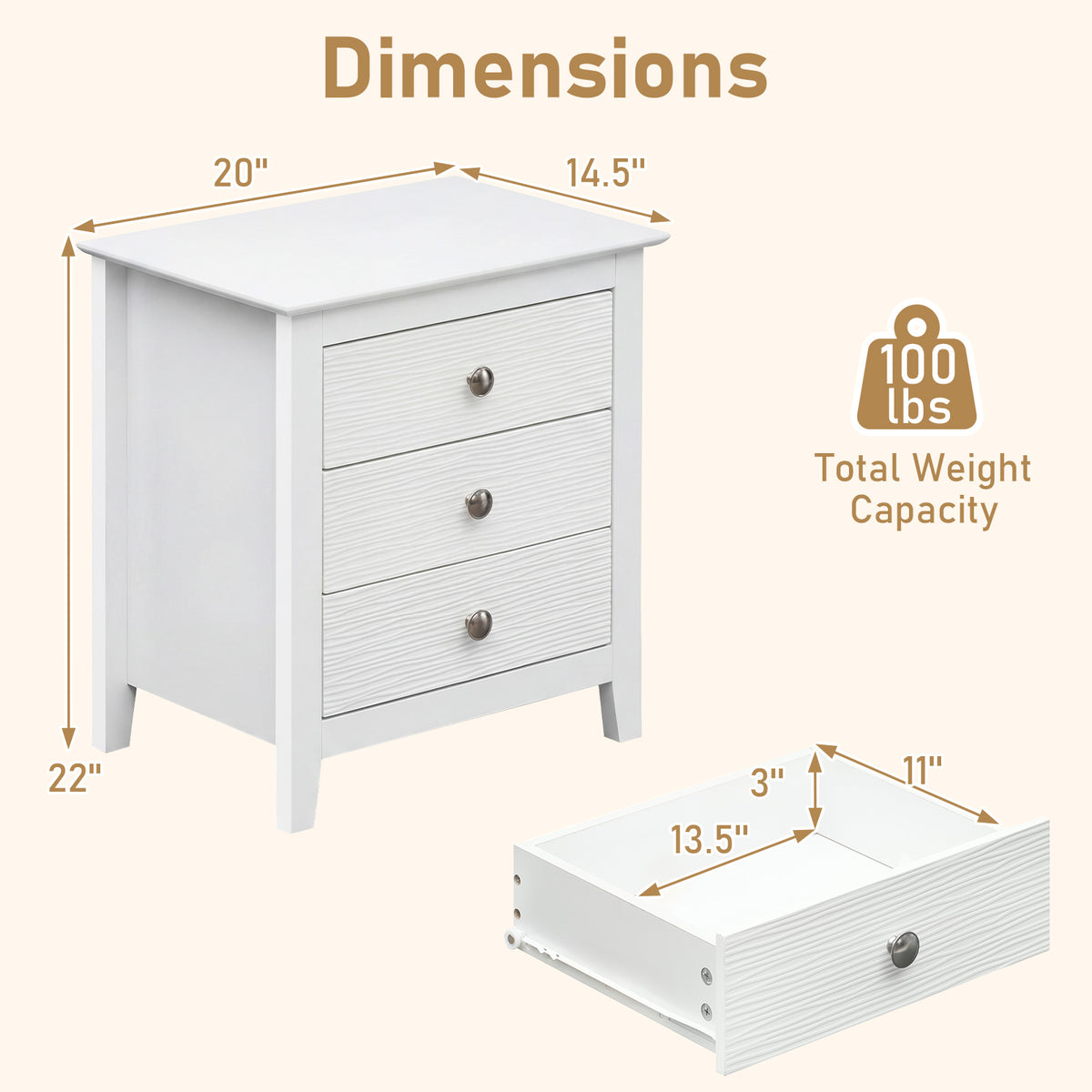 Modern Farmhouse 3-Drawer NightStand with Wood Grain Accents and Sleek Knobs-White-Nightstands-DECOROLALA
