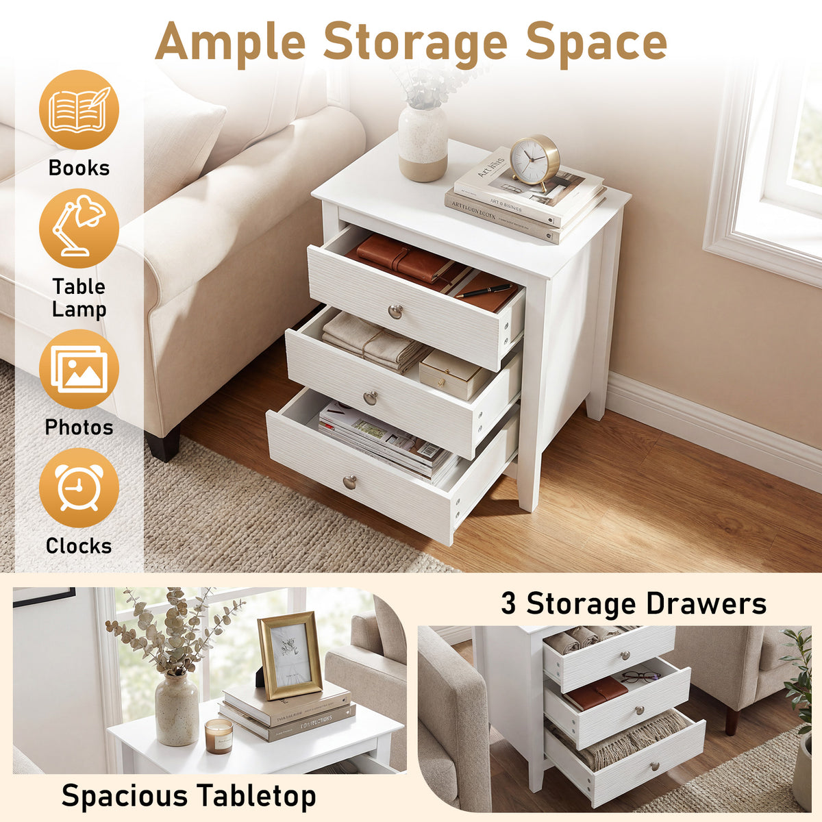 Modern Farmhouse 3-Drawer NightStand with Wood Grain Accents and Sleek Knobs-White-Nightstands-DECOROLALA
