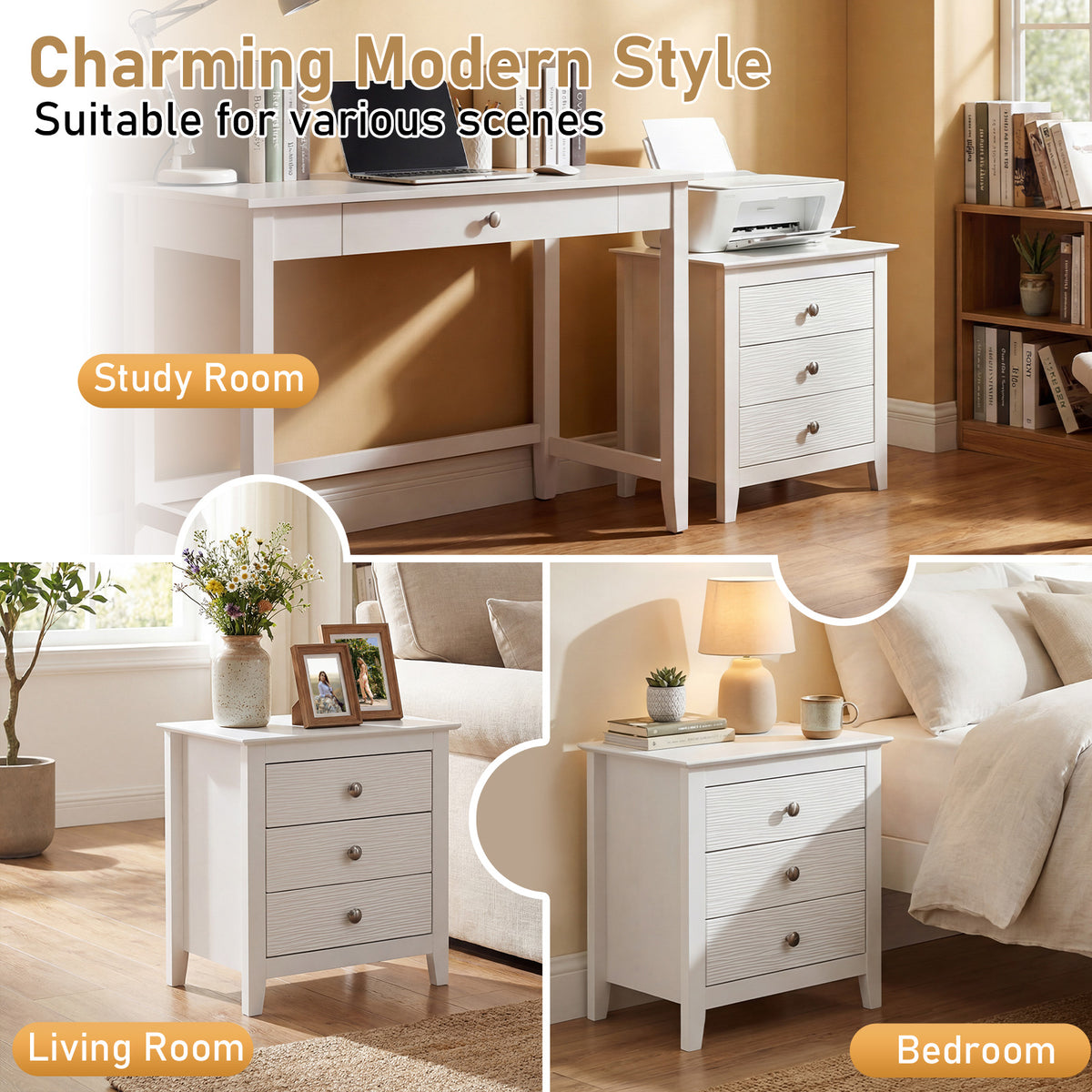 Modern Farmhouse 3-Drawer NightStand with Wood Grain Accents and Sleek Knobs-White-Nightstands-DECOROLALA