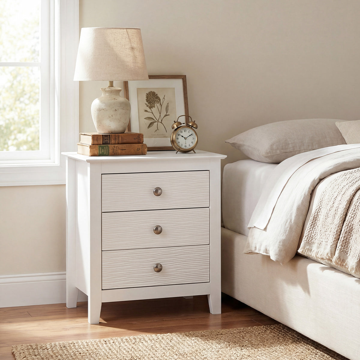 Modern Farmhouse 3-Drawer NightStand with Wood Grain Accents and Sleek Knobs-White-Nightstands-DECOROLALA