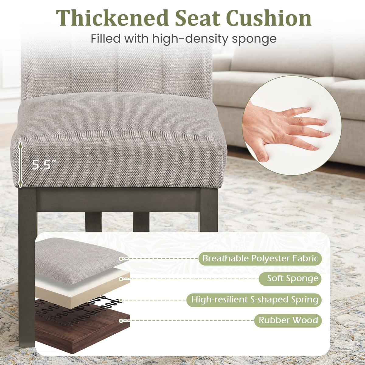 Modern Farmhouse Fabric Dining Chairs Set of 2 with 5.5" Thickened Padded Seat-Gray-Dining Chairs-DECOROLALA
