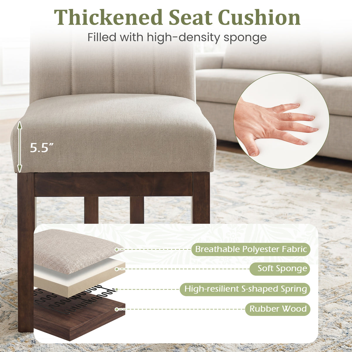 Modern Farmhouse Fabric Dining Chairs Set of 2 with 5.5" Thickened Padded Seat-Walnut-Dining Chairs-DECOROLALA