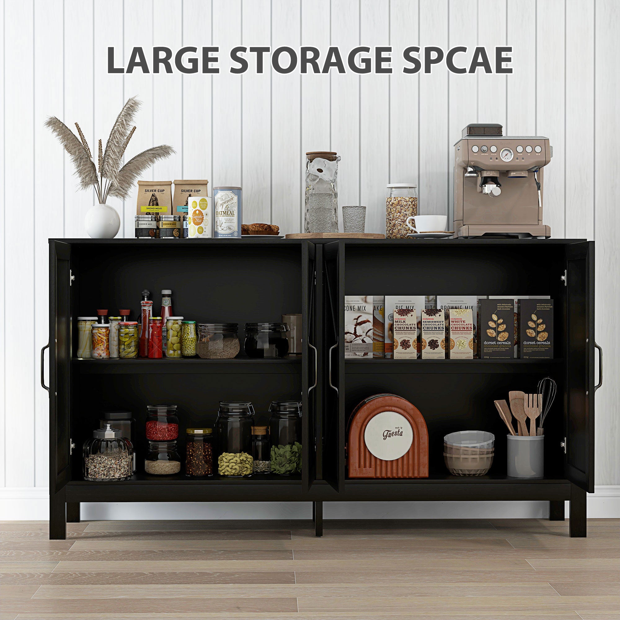 Modern Farmhouse Sideboard Buffet, TV Stand Black Oak, Adjustable Shelf, 65" TV-DECOROLALA