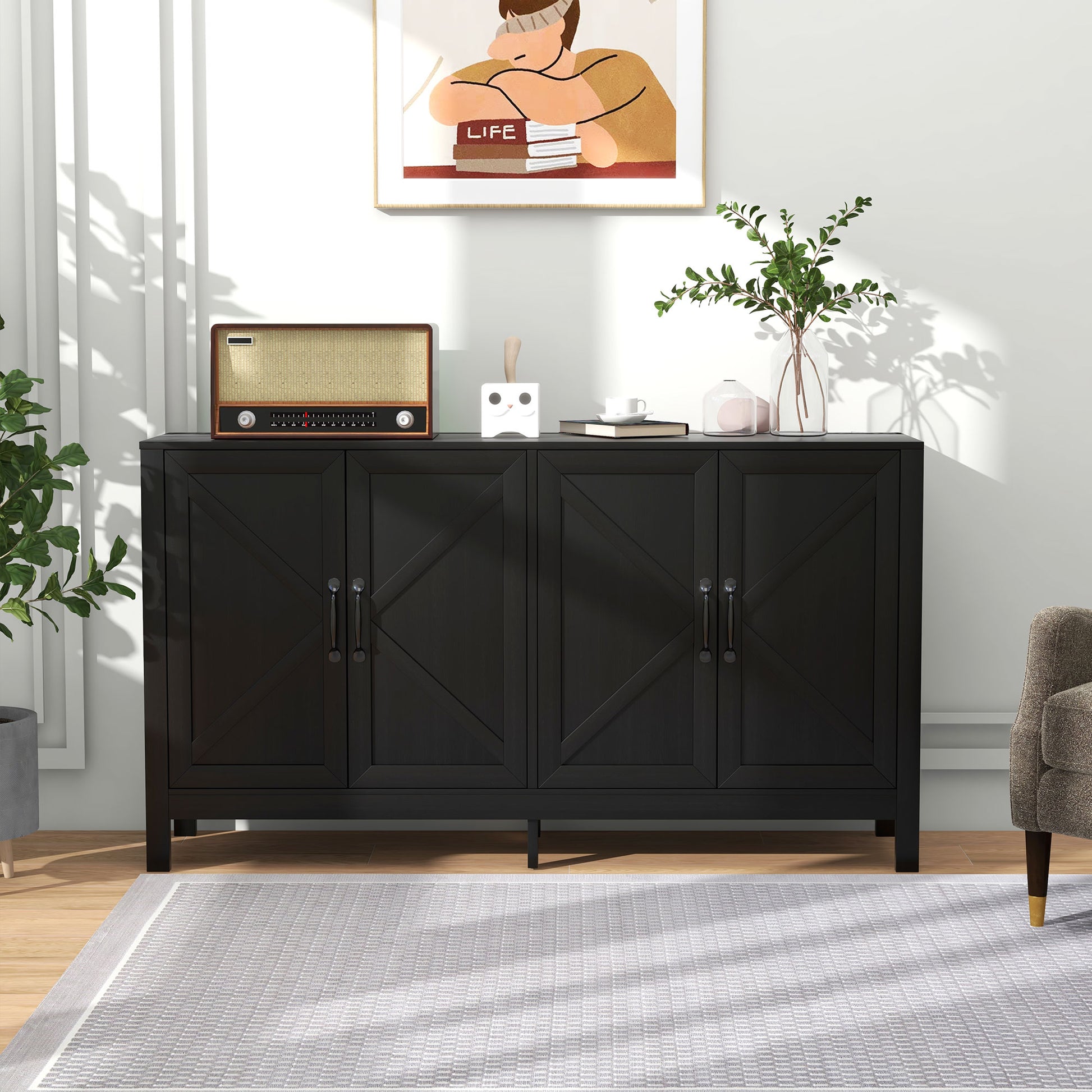 Modern Farmhouse Sideboard Buffet, TV Stand Black Oak, Adjustable Shelf, 65" TV-DECOROLALA