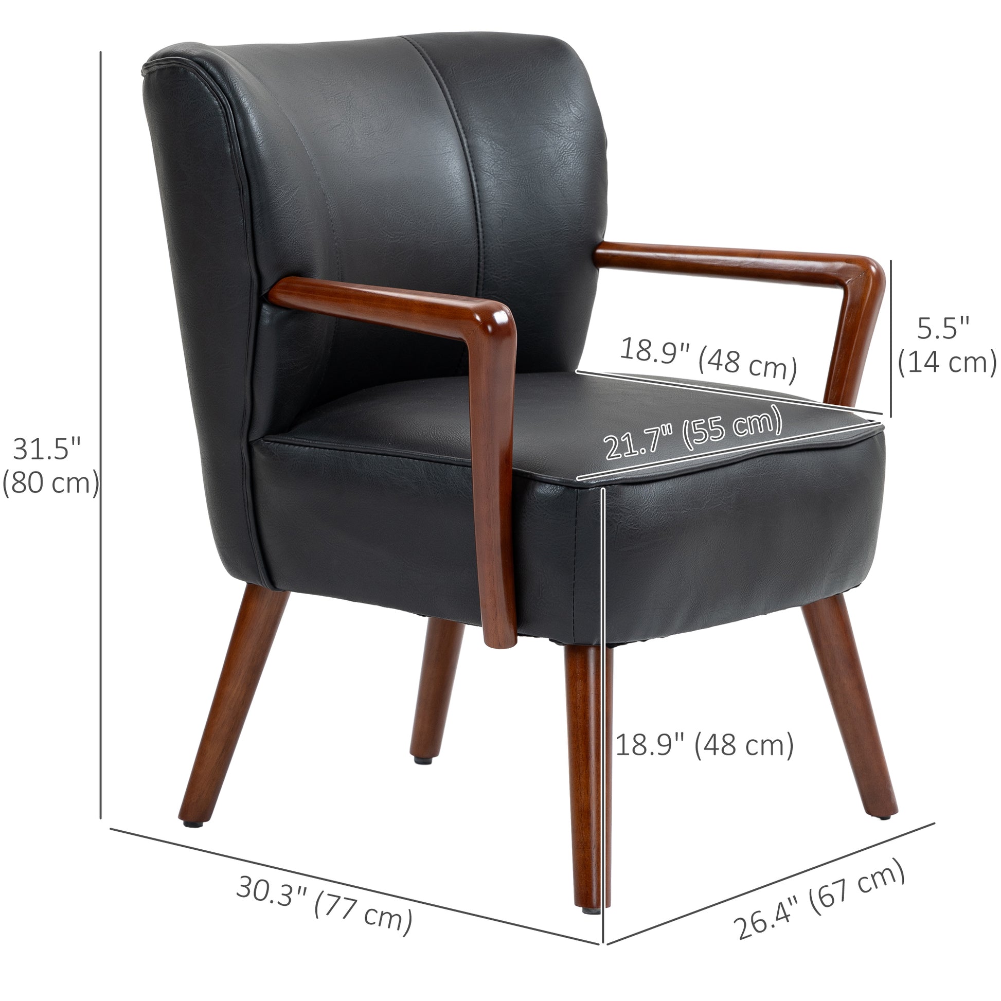 Modern Faux Leather Accent Chair, Black with Wood Legs, PU Leather, Wide Seat-DECOROLALA
