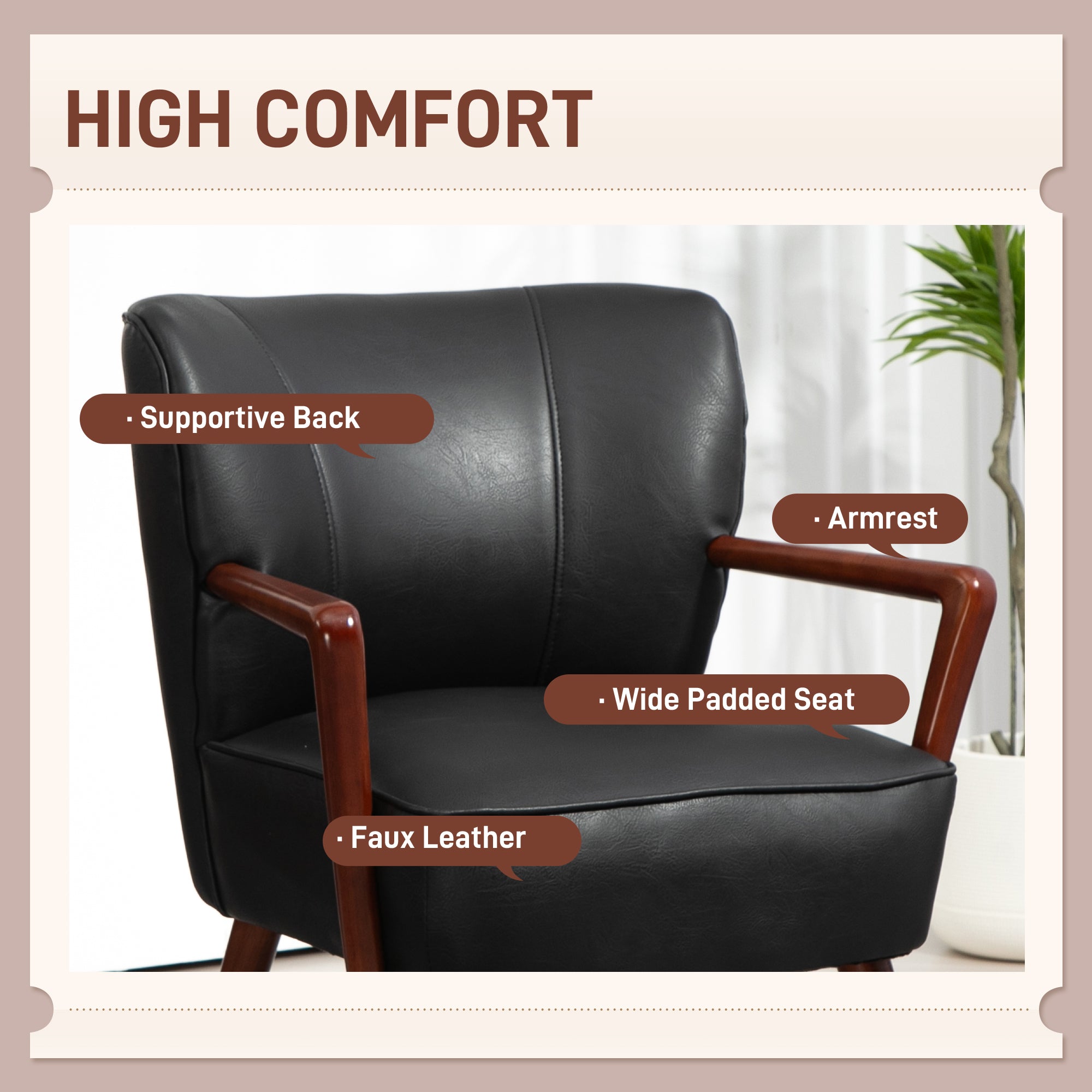 Modern Faux Leather Accent Chair, Black with Wood Legs, PU Leather, Wide Seat-DECOROLALA
