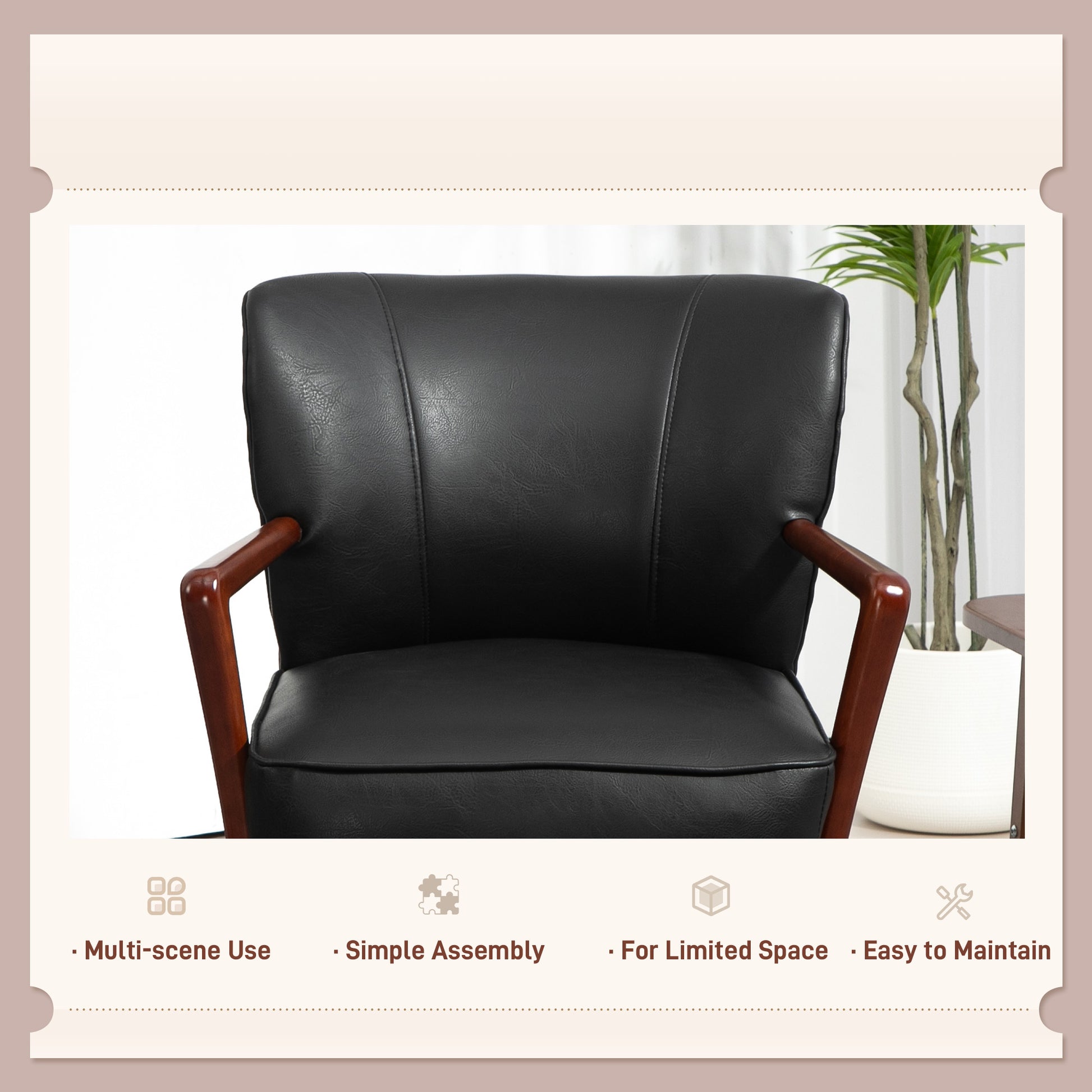 Modern Faux Leather Accent Chair, Black with Wood Legs, PU Leather, Wide Seat-DECOROLALA