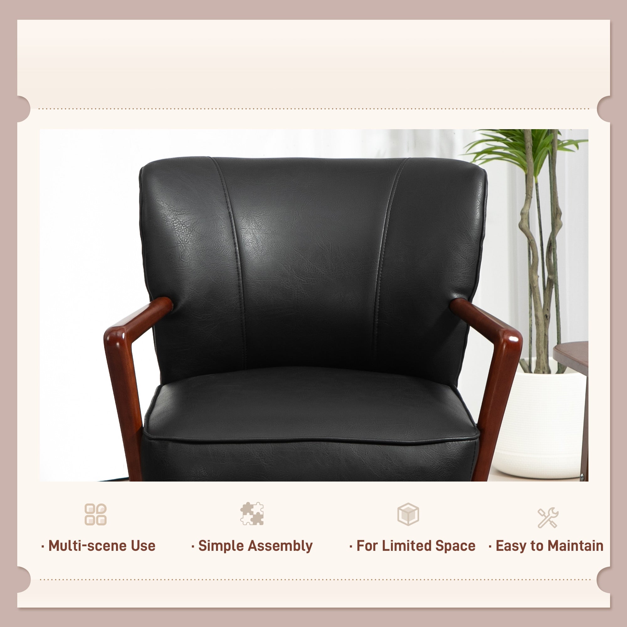 Modern Faux Leather Accent Chair, Black with Wood Legs, PU Leather, Wide Seat-DECOROLALA