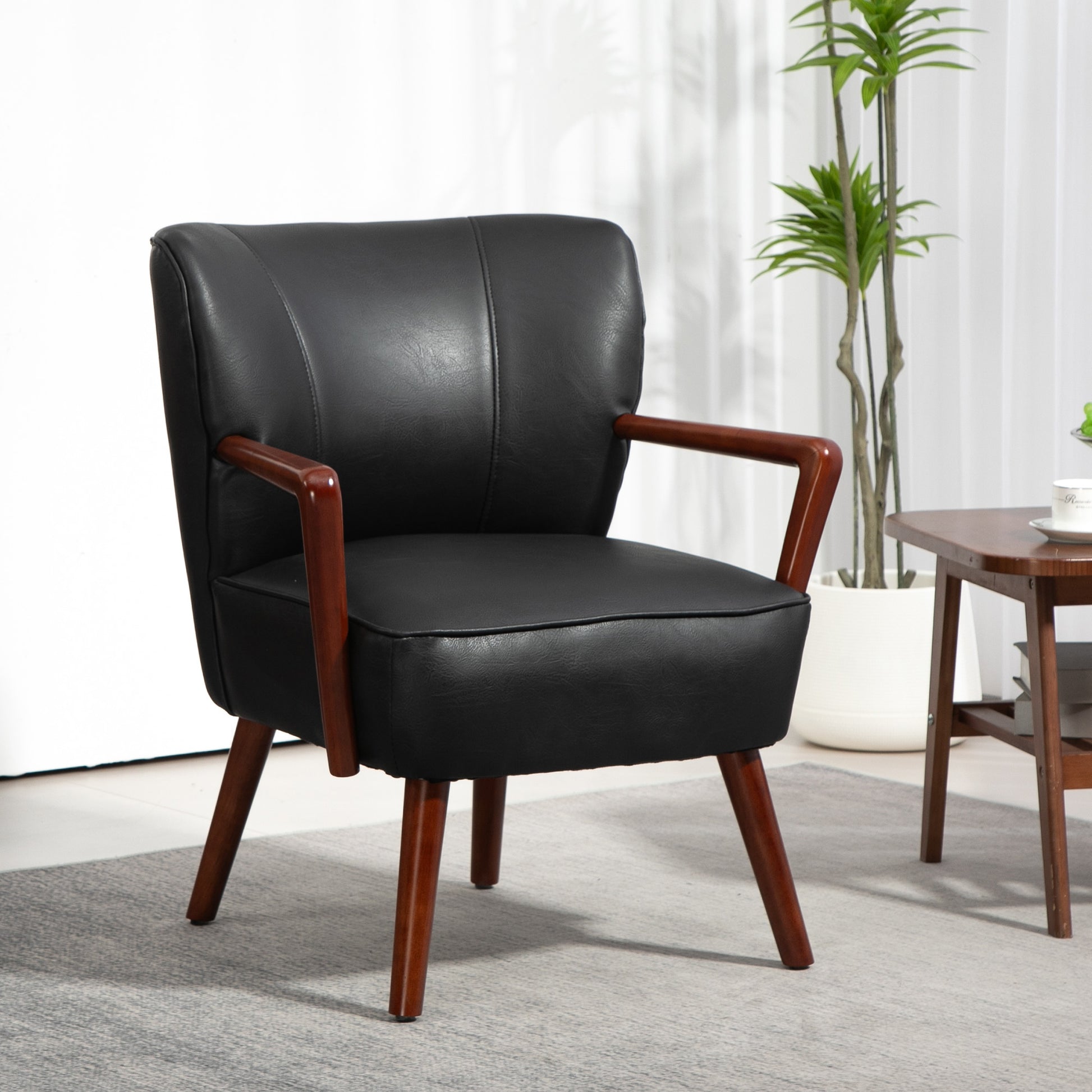 Modern Faux Leather Accent Chair, Black with Wood Legs, PU Leather, Wide Seat-DECOROLALA