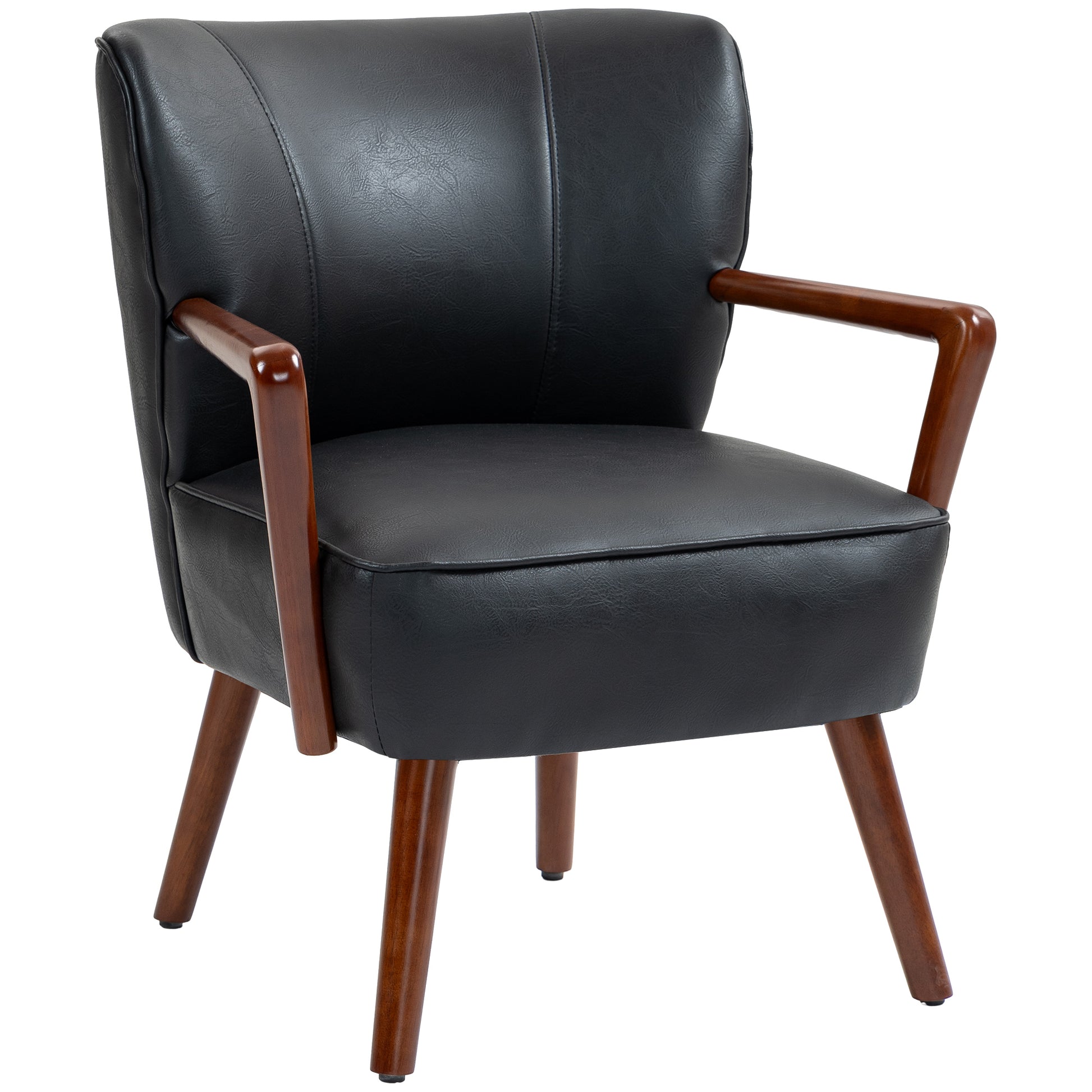 Modern Faux Leather Accent Chair, Black with Wood Legs, PU Leather, Wide Seat-DECOROLALA