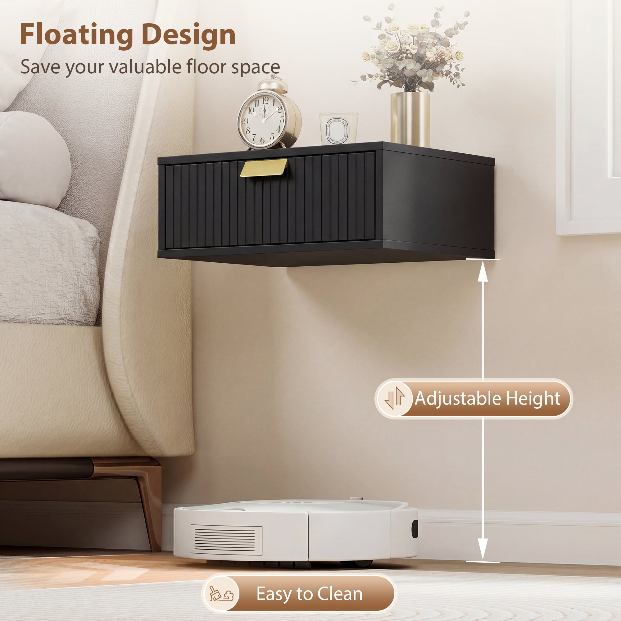 Modern Floating Nightstands Set of 2, Wall Mounted Bedside Tables with Wave Drawer Black-Home Furnishings > Bedroom Furniture > Bedside Tables-DECOROLALA