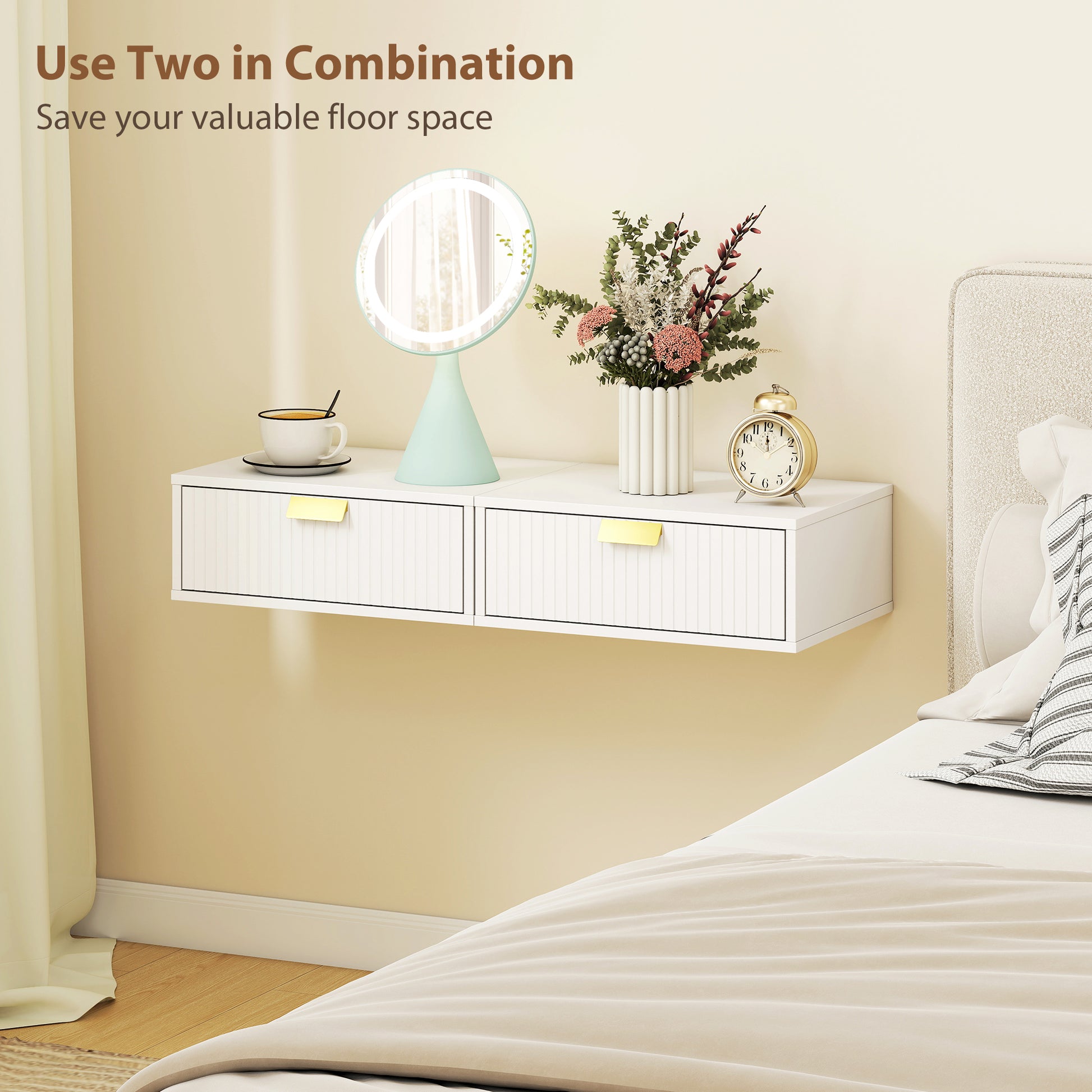 Modern Floating Nightstands Set of 2, Wall Mounted Bedside Tables with Wave Drawer White-Home Furnishings > Bedroom Furniture > Bedside Tables-DECOROLALA