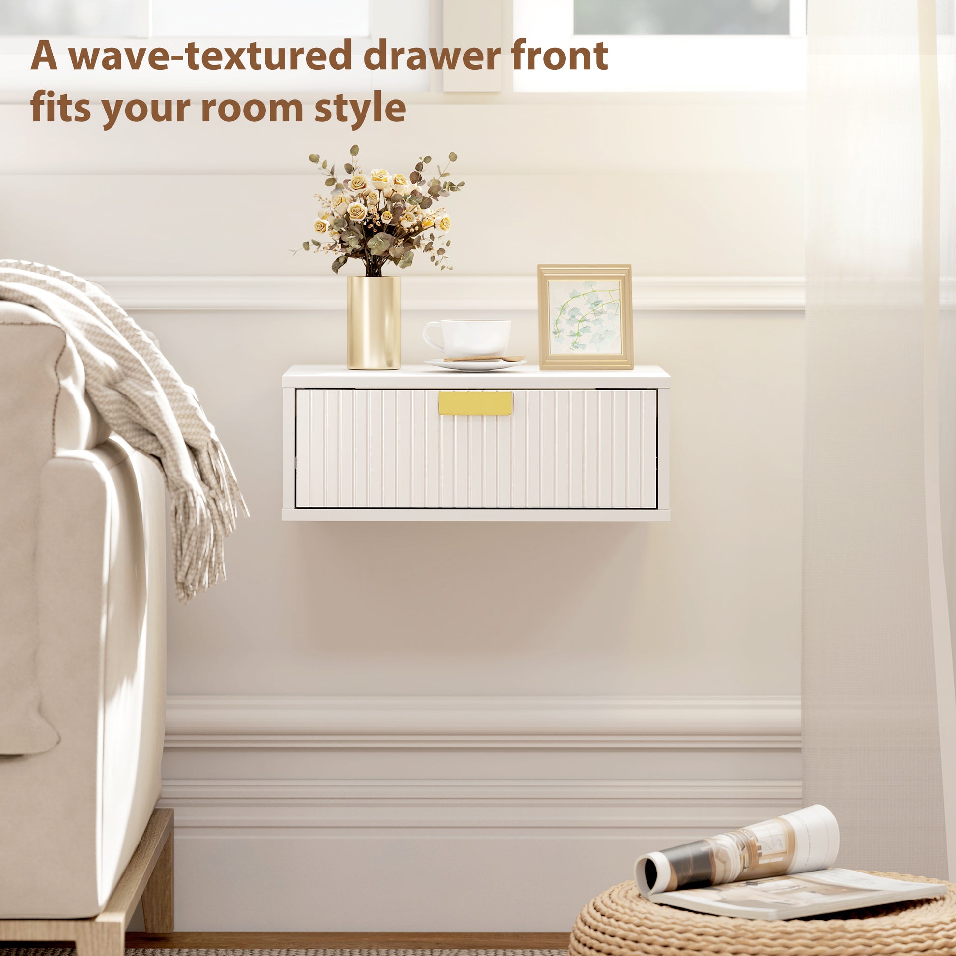 Modern Floating Nightstands Set of 2, Wall Mounted Bedside Tables with Wave Drawer White-Home Furnishings > Bedroom Furniture > Bedside Tables-DECOROLALA
