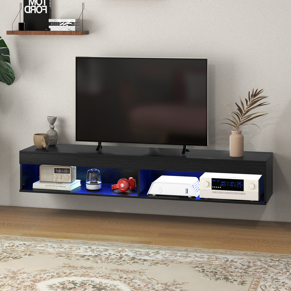 Modern Floating TV Stand with LED Lights - Black 70.9"-TV Stands-DECOROLALA