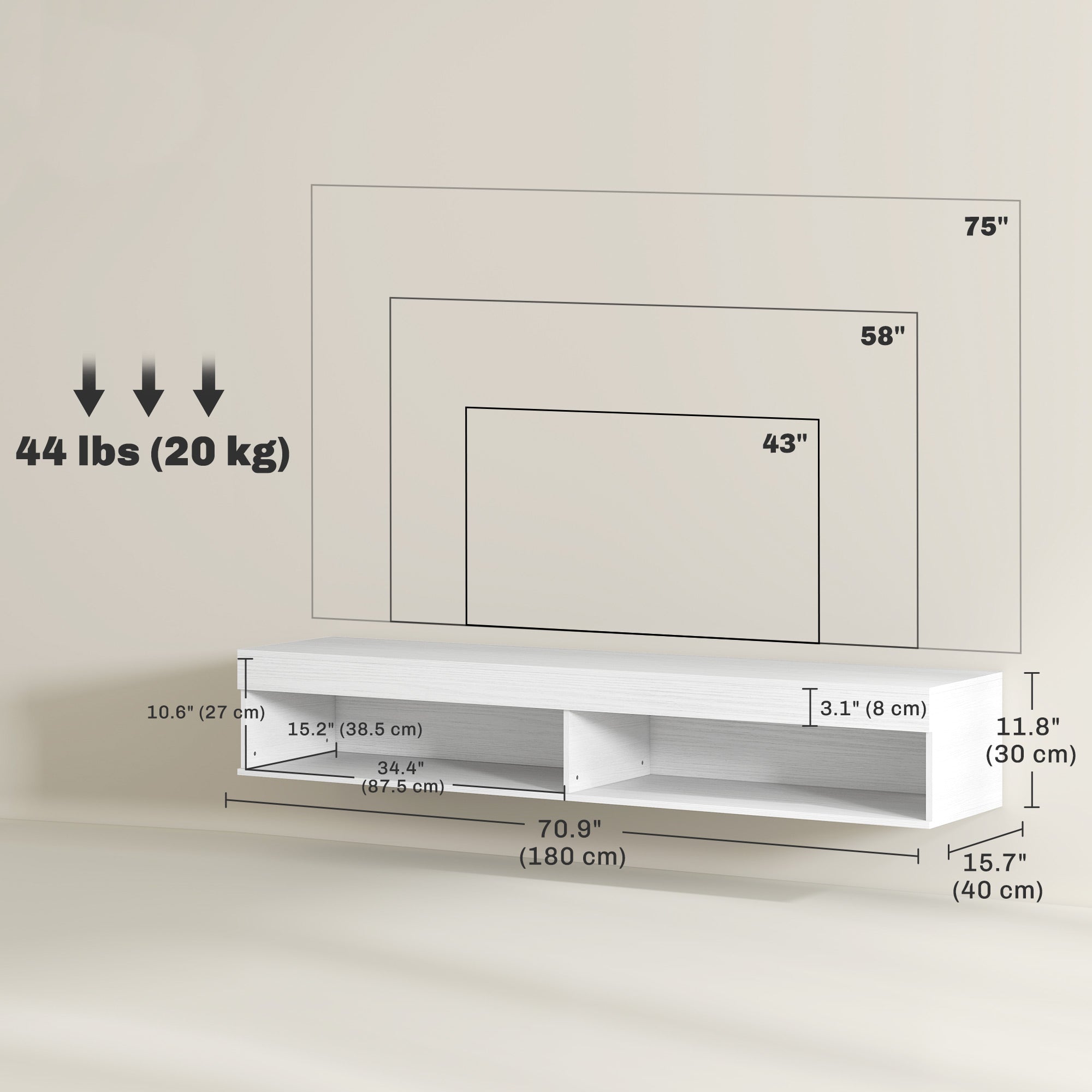 Modern Floating TV Stand with LED Lights for TVs up to 75" White-Home Furnishings > Living Room Furniture > TV¬†Stands-DECOROLALA