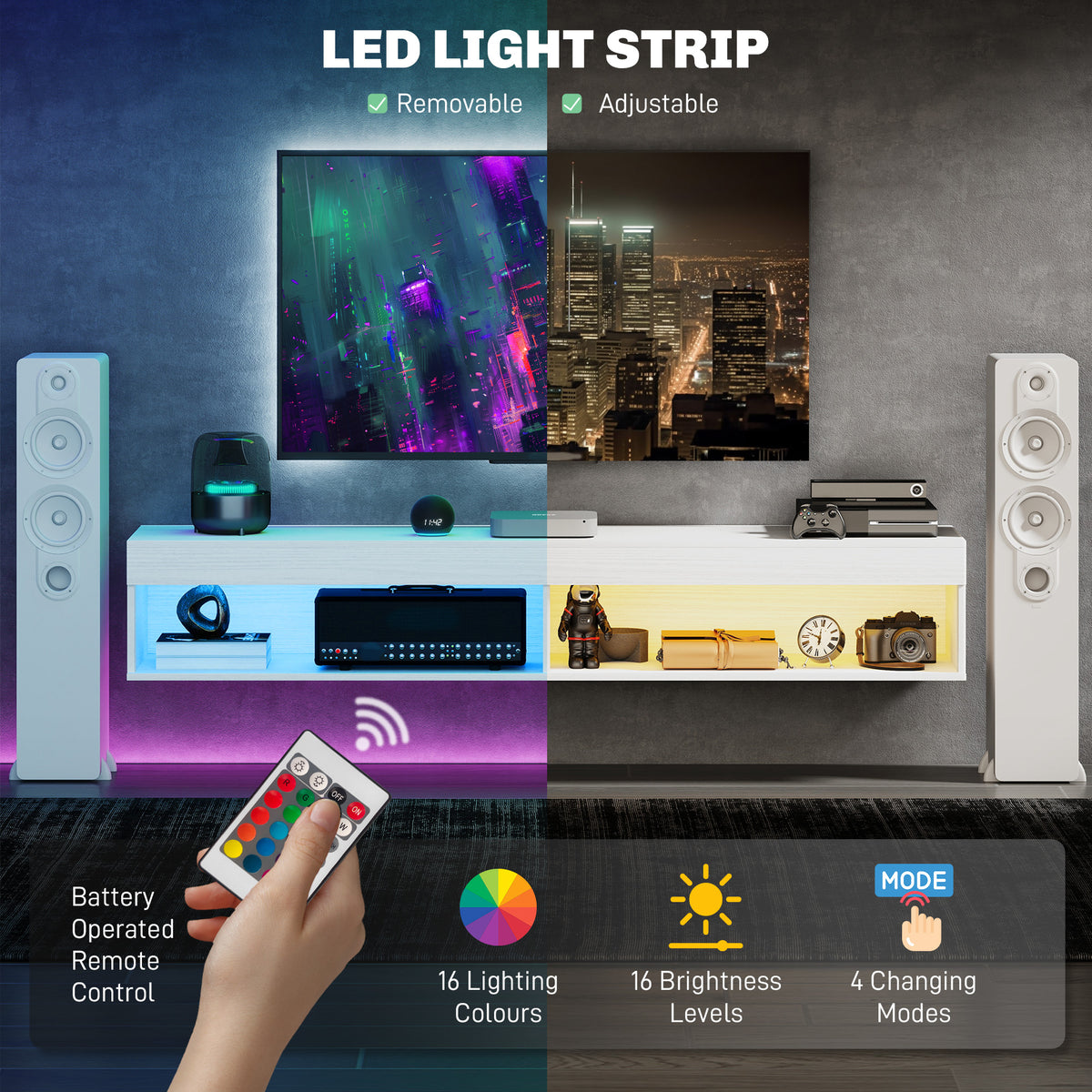 Modern Floating TV Stand with LED Lights for TVs up to 75" White-Home Furnishings > Living Room Furniture > TV¬†Stands-DECOROLALA