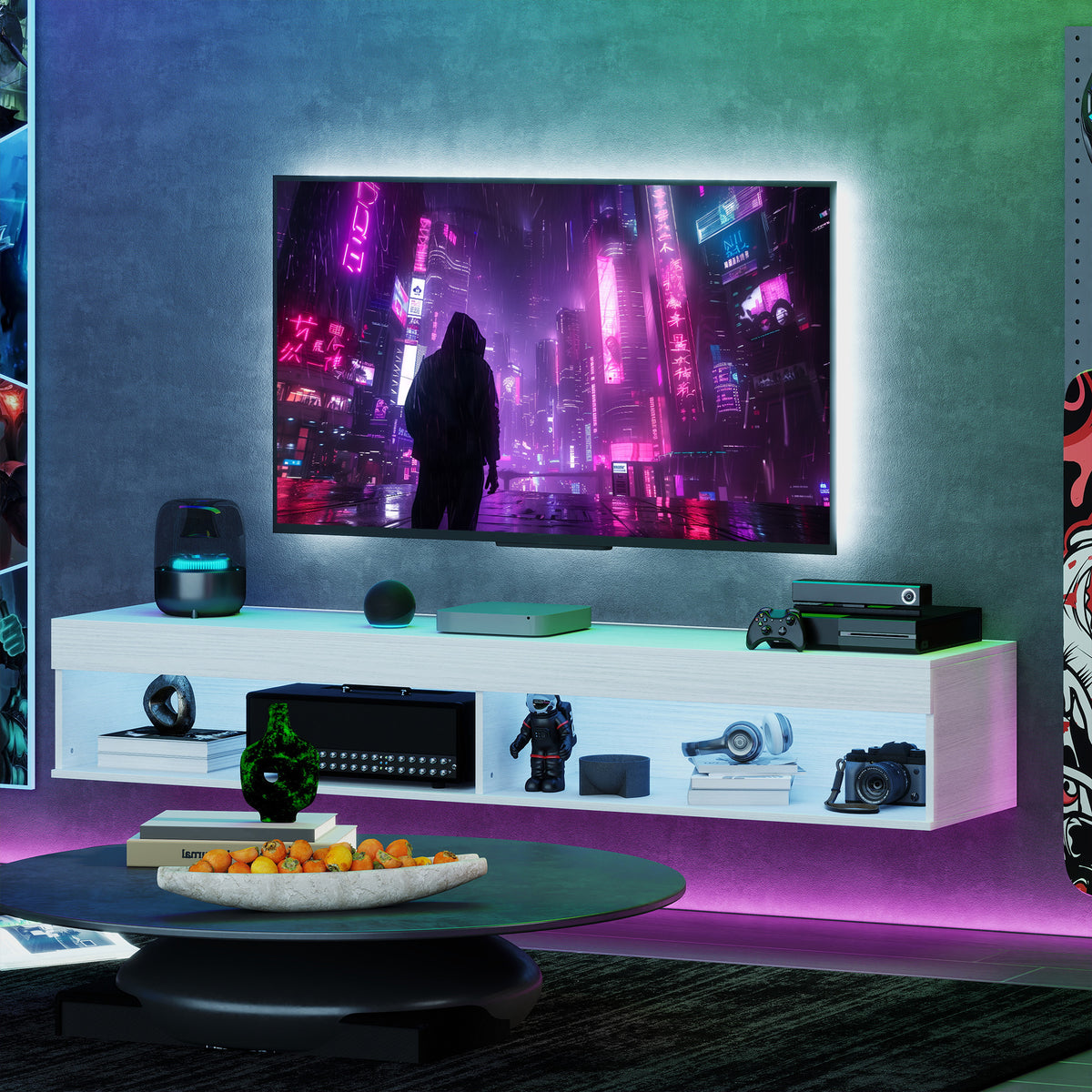 Modern Floating TV Stand with LED Lights for TVs up to 75" White-Home Furnishings > Living Room Furniture > TV¬†Stands-DECOROLALA