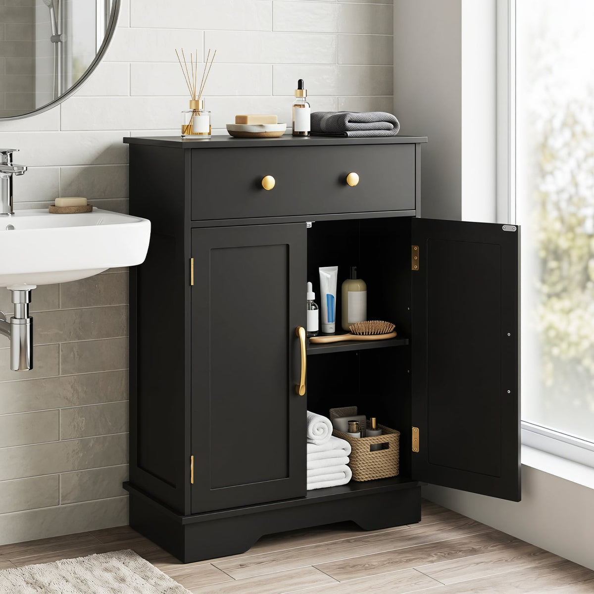 Modern Floor Storage Cabinet - Black Buffet Sideboard with Drawer-Floor Cabinets-DECOROLALA