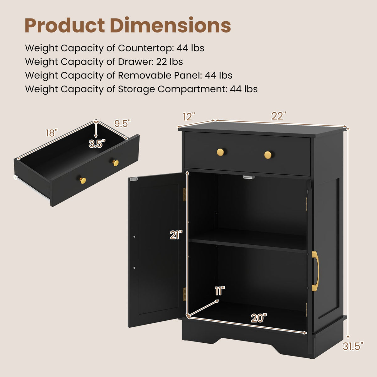 Modern Floor Storage Cabinet - Black Buffet Sideboard with Drawer-Floor Cabinets-DECOROLALA