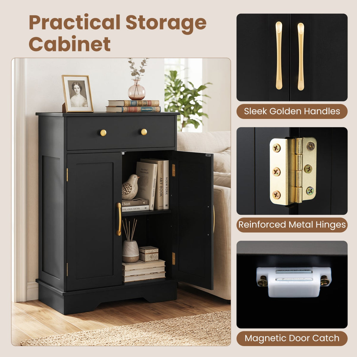 Modern Floor Storage Cabinet - Black Buffet Sideboard with Drawer-Floor Cabinets-DECOROLALA