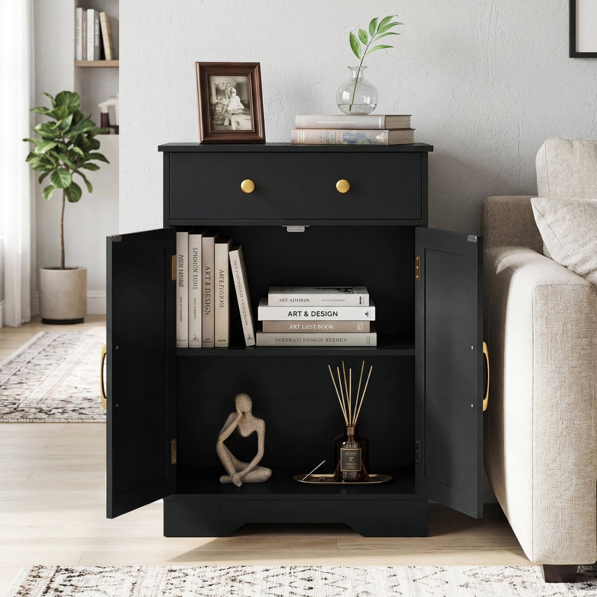 Modern Floor Storage Cabinet - Black Buffet Sideboard with Drawer-Floor Cabinets-DECOROLALA
